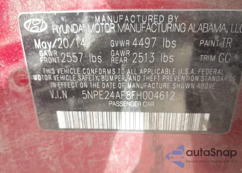 2015 Hyundai Sonata Se from USA, damaged, VIN 5NPE24AF8FH004612